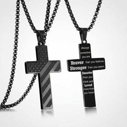 Brave, Strong & Loved - Engraved American Flag Cross Necklace