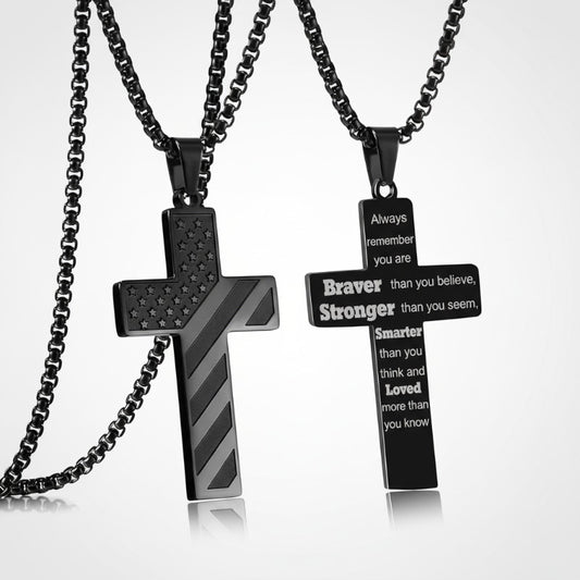 Brave, Strong & Loved - Engraved American Flag Cross Necklace