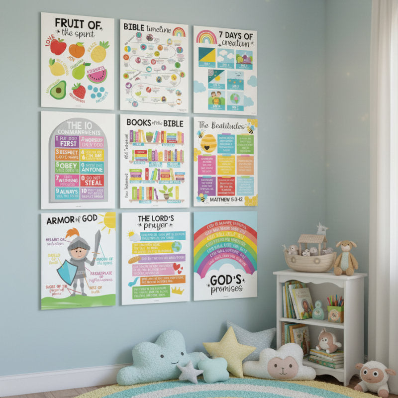 Bible Learning Poster Set - Educational Christian Wall Art for Kids