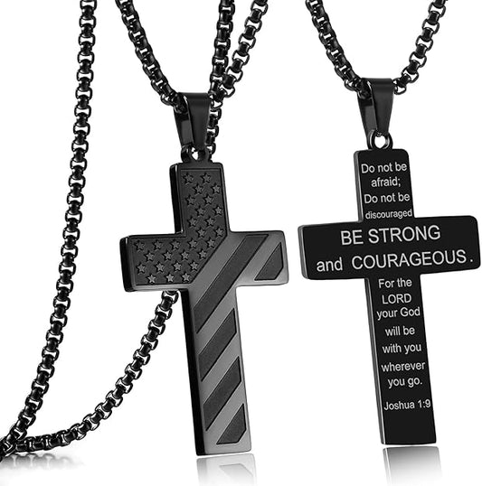 Joshua 1:9 - Engraved American Flag Cross Necklace