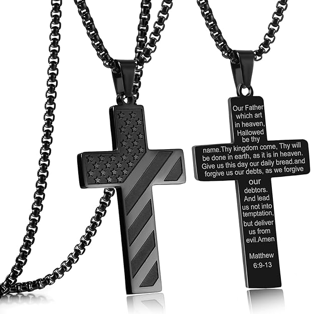 Matthew 6:9-13 - Engraved American Flag Cross Necklace