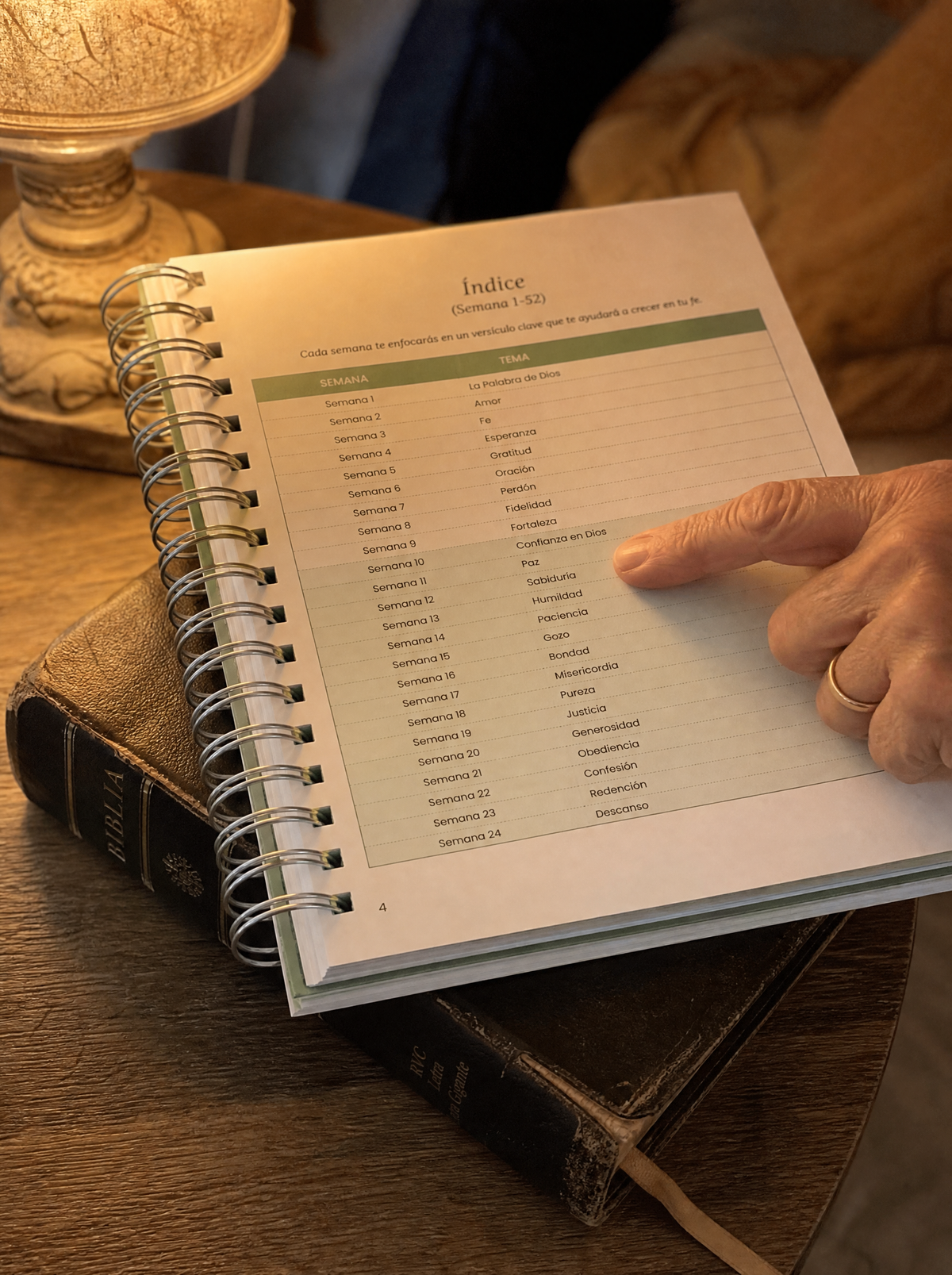 Índice de la guía con los 52 temas semanales, un dedo señalando uno de ellos